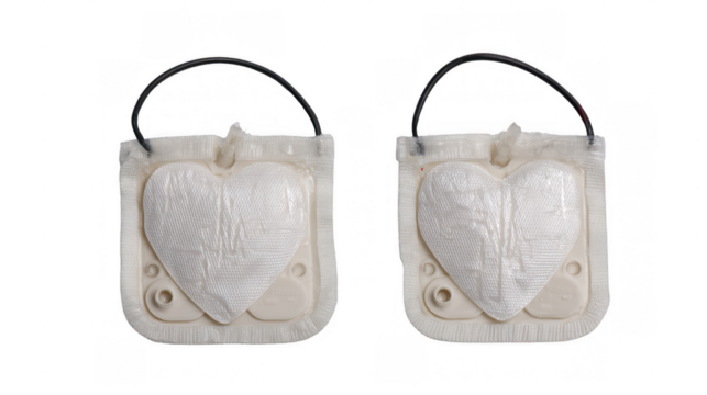 Two defibrillator electrodes with heart shape and heartbeat pattern are placed side by side on a transparent background, ready for use in a medical emergency