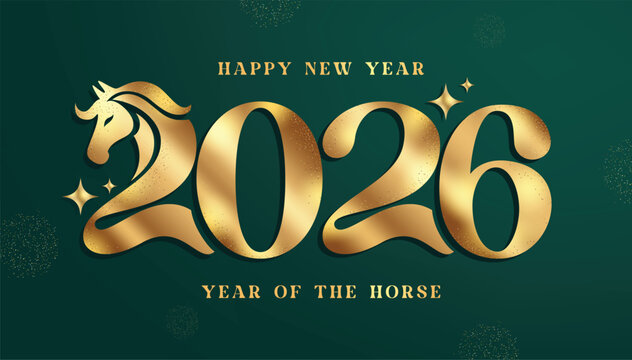 Happy new year 2026 text clipart design. Year of the horse new year greeting in gold text, calligraphy and typography clip art in green background vector illustration.