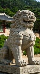 Majestic Stone Guardian Lion at Korean Temple: Intricate Detail and Serene Setting