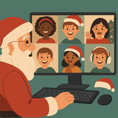 Santa Claus Virtual Christmas Call with Happy Kids on Computer – Festive Online Celebration Vector