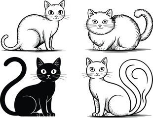 Four stylized cats in black and white with different tail positions set