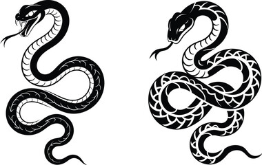 Two stylized black and white snake illustrations with open mouths shown
