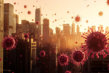 Floating microbes and viruses cells over a generic cityscape skyline at sunset, illustrating the pervasive spread of the virus in cityscape.