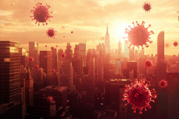 Floating microbes and viruses cells over a generic cityscape skyline at sunset, illustrating the pervasive spread of the virus in cityscape.