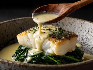 Grilled fish fillet topped with creamy white sauce and garnished with fresh herbs on a white plate.