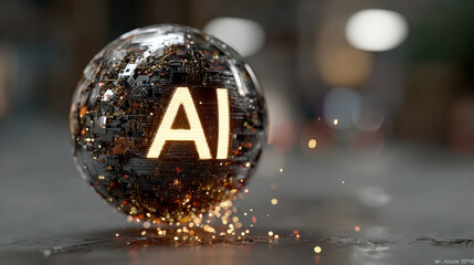 A glowing AI text in the center of a futuristic futuristic digital environment, ultra-realistic with 4K resolution and cinematic lighting.