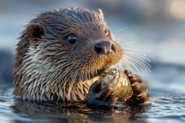 California coast showcases baby otter crack open mussels.