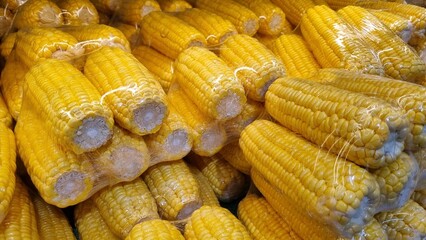 Plastic packaging of fresh sweet corn (Zea mays) kept for sale in a Supermarket. Yellow sweetcorn on shelf an organic store in shopping mall. Product display in grocery store produce section. Optimizi