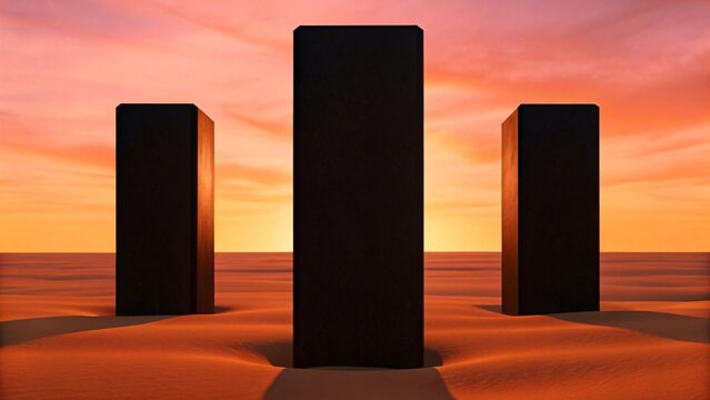 Three black stone pillars in the desert at sunset.
