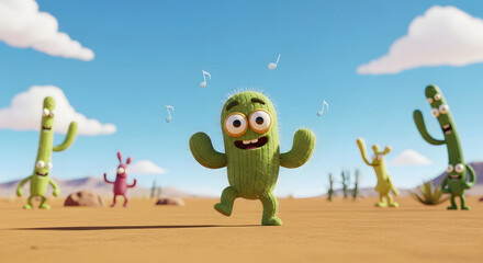 Playful Cartoon Cactus Dance in Desert Landscape