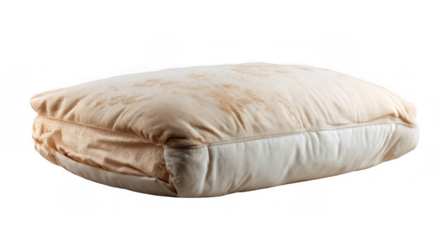 Isolated dirty pillow displaying sweat stains and mold on a transparent background, highlighting poor hygiene and significant health risks associated with allergens and bacteria