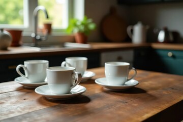 Obraz premium Several empty coffee cups on a rustic kitchen table , retro, shadows, wooden