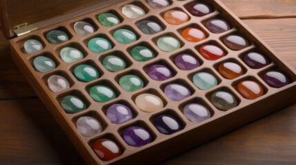 Wooden box displays polished gemstone collection, colorful, shiny, organized, and natural beauty