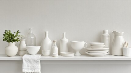 Fototapeta premium White ceramic and glass kitchenware arranged on a shelf.
