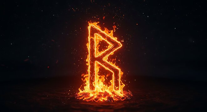 A fiery Norse Rune symbol against a dark, mysterious backdrop, with an inferno of flames surrounding the rune