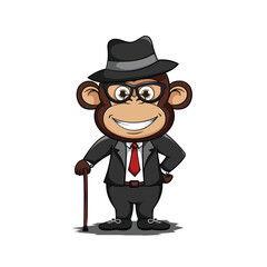 Chibi monkey in fancy mafia costume, standing with stick, white background.