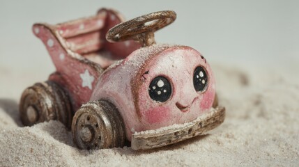Cute Pink Beach Toy Car in Sand  Childrens Plaything  Watercolor Illustration