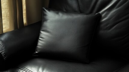 Close-up of a black leather pillow on a dark leather couch.