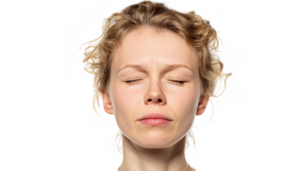 Caucasian woman with curly blonde hair closing her eyes and relaxing, isolated on transparent background, perfect for image editing and compositing