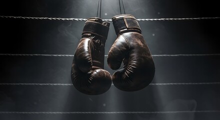 Vintage boxing gloves hanging in a dark boxing ring. The gloves are worn and show signs of use, adding a sense of history and nostalgia.