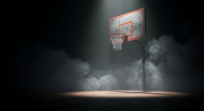 A lone basketball hoop dramatically illuminated by a spotlight against a dark background - Powered by Adobe