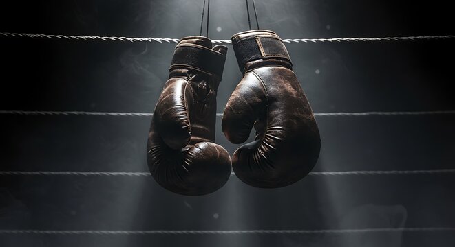 Vintage boxing gloves hanging in a dark boxing ring. The gloves are worn and show signs of use, adding a sense of history and nostalgia. - Powered by Adobe
