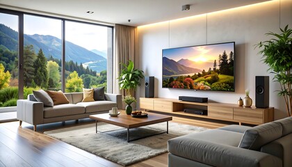Modern Living Room with Mountain View TV Relaxation with Comfort, and and Interior Design.