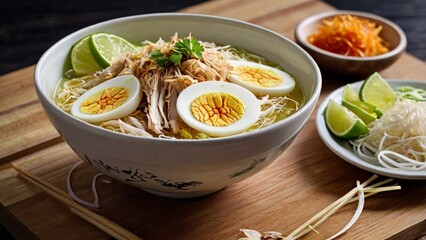 Traditional Indonesian soto ayam in a white bowl, with shredded chicken, vermicelli noodles, boiled egg, lime, and emping crackers, on a wooden table, top-down shot