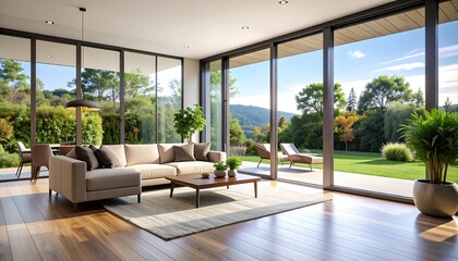 Modern living room with nature view with large windows, sofa, and and outdoor landscape.