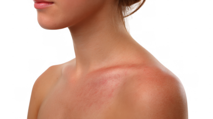 Close up of a woman's sunburned shoulder, displaying a mild sun rash against a transparent background, emphasizing skin damage from sun exposure