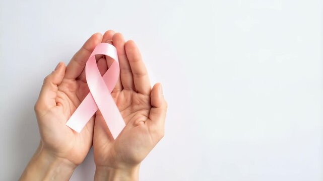 Gentle hands holding a pink ribbon against a clean white background symbolizing breast cancer awareness month and support. - Powered by Adobe