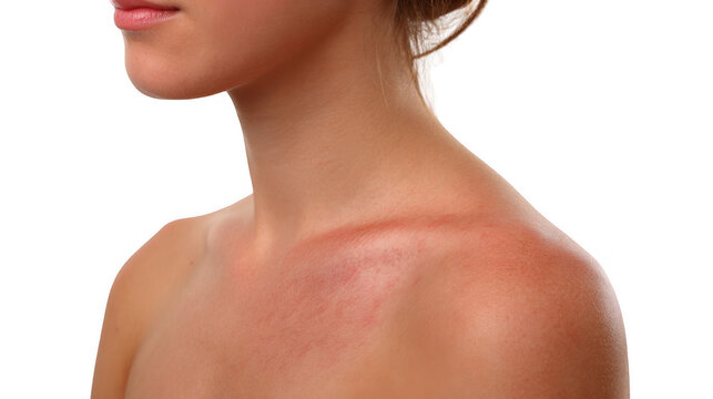 Close up of a woman's sunburned shoulder, displaying a mild sun rash against a transparent background, emphasizing skin damage from sun exposure