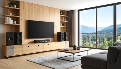 Modern living room with TV with speakers, and mountain view, and cozy interior design.