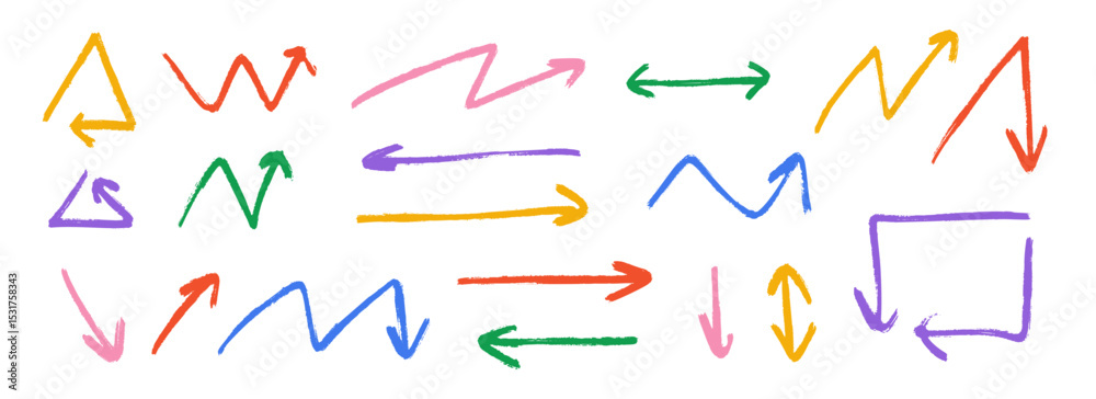Poster hand drawn crayon arrow collection. colorful zig zag and straight doodle arrows set. charcoal sketch