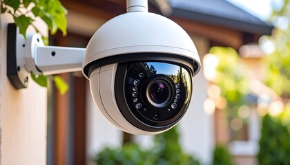 Modern Security Camera Outdoors with Protecting Home with Surveillance System.