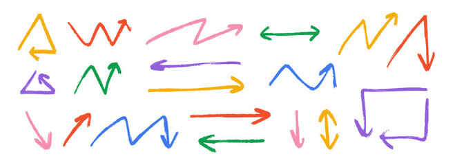 Hand drawn crayon arrow collection. Colorful zig zag and straight doodle arrows set. Charcoal sketch angled pointers and direction lines. Vector pastel pencil, chalk or marker brush stroke elements