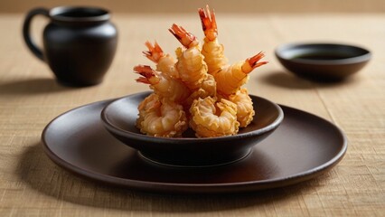 Crispy golden shrimp tempura stacked neatly on a ceramic plate with soy dipping sauce, minimalistic Japanese table setting, natural soft lighting