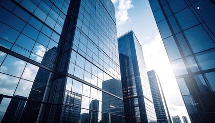 Modern Skyscrapers Reflecting Sky  Clouds with Architectural Abstract, and Business District.