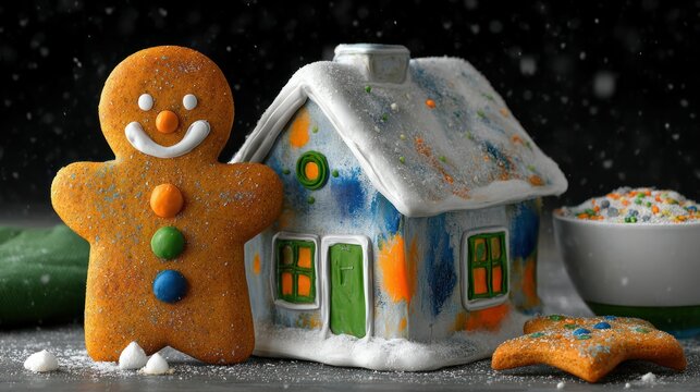 Gingerbread Man and House in Snowy Setting