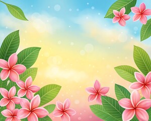 Pink Plumeria Flowers and Lush Green Leaves on a Soft, Dreamy Sunset Background