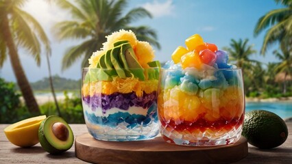 Colorful es campur dessert in a glass bowl with shaved ice, syrup, jelly, avocado, and condensed milk, tropical background, photorealistic bright lighting