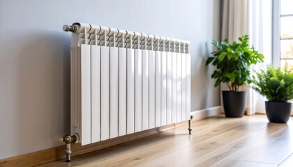 Modern white radiator with interior home, heating system concept, wooden floor, and sunny day.