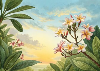 Sunset Serenity: Plumeria Blossoms and Lush Tropical Foliage Under a Tranquil Sky