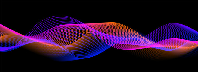 Smooth neon sound wave on black background. Abstract flowing wavy lines design for ai concept, eq equalizer, audio record, voice assistant. Blue pink orange purple gradient stripe wallpaper. Vector