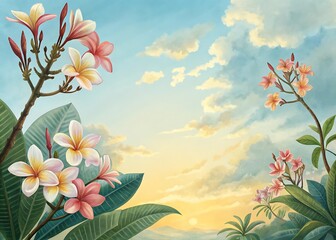Sunset Serenity: Plumeria blossoms frame a breathtaking sunset vista, their delicate petals mirroring the soft hues of the sky.