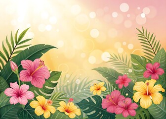 Vibrant hibiscus flowers and lush tropical leaves create a breathtaking summer scene, perfect for a vacation backdrop or tropical-themed design.