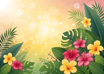 Vibrant Tropical Paradise: A Lush Garden of Hibiscus, Plumeria, and Monstera Deliciosa