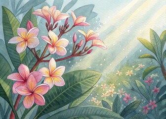 Watercolor painting of pink and yellow Plumeria flowers in a lush tropical garden setting, bathed in sunlight.