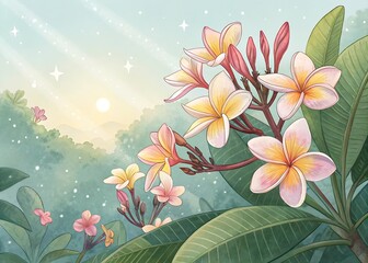 Sunrise Serenity: Plumeria blossoms greet the dawn, their delicate petals unfurling in the soft light of a new day, a picturesque scene of tropical tranquility.