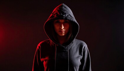 Mysterious Woman in Hoodie with Red  Black Backlit Portrait, and Intense Look.